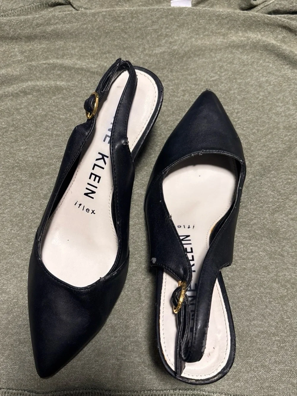 Anne Klein Black Pointed Toe Slingback Flats with Gold Buckle